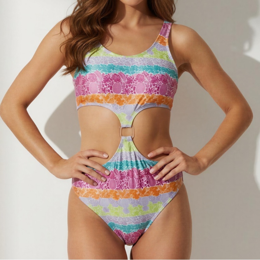 NWT BLU C Vibrant Multicolor Cutout One-Piece Swimsuit - Picture 10 of 10